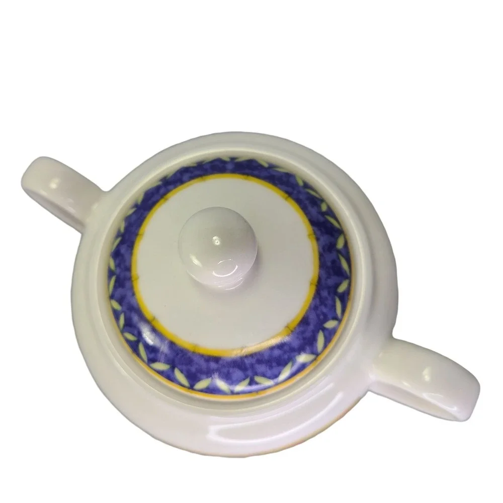 Vista Alegre Horta Sugar Bowl Trinket With‎ Lid Floral Blue Yellow Band Portugal